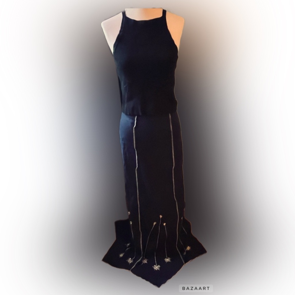 Vintage Black Maxi Skirt with White Accents